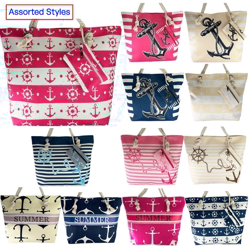 Canvas Tote Beach Bags with Sailing Designs and Coin PURSE - Assorted Styles | 24 Pcs