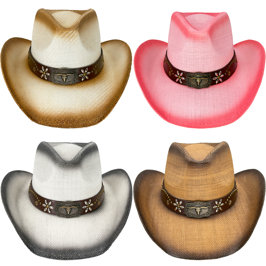 Paper Straw Mix Color Shade Bull Style Leather Band WESTERN Cowboy Hat