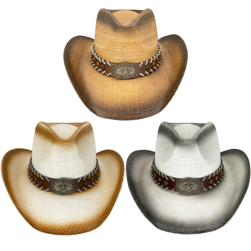 Paper Straw Mixed-Color Shade Star Style Leather Banded WESTERN Cowboy Hat