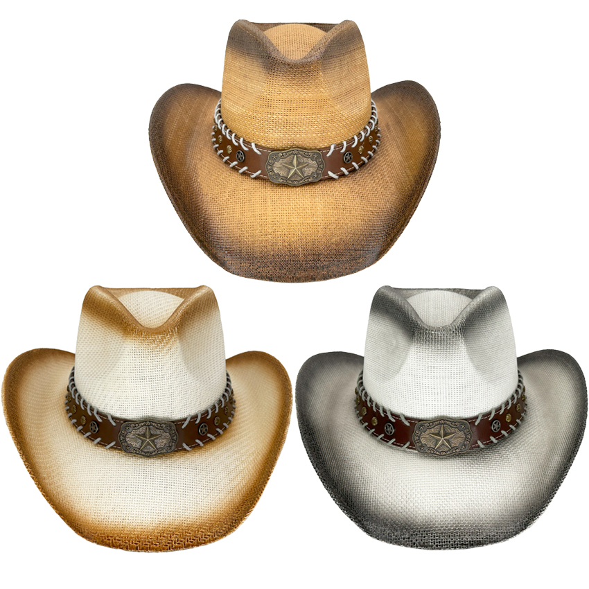 Paper Straw Mixed-Color Shade Star Style Leather Banded Western Cowboy HAT