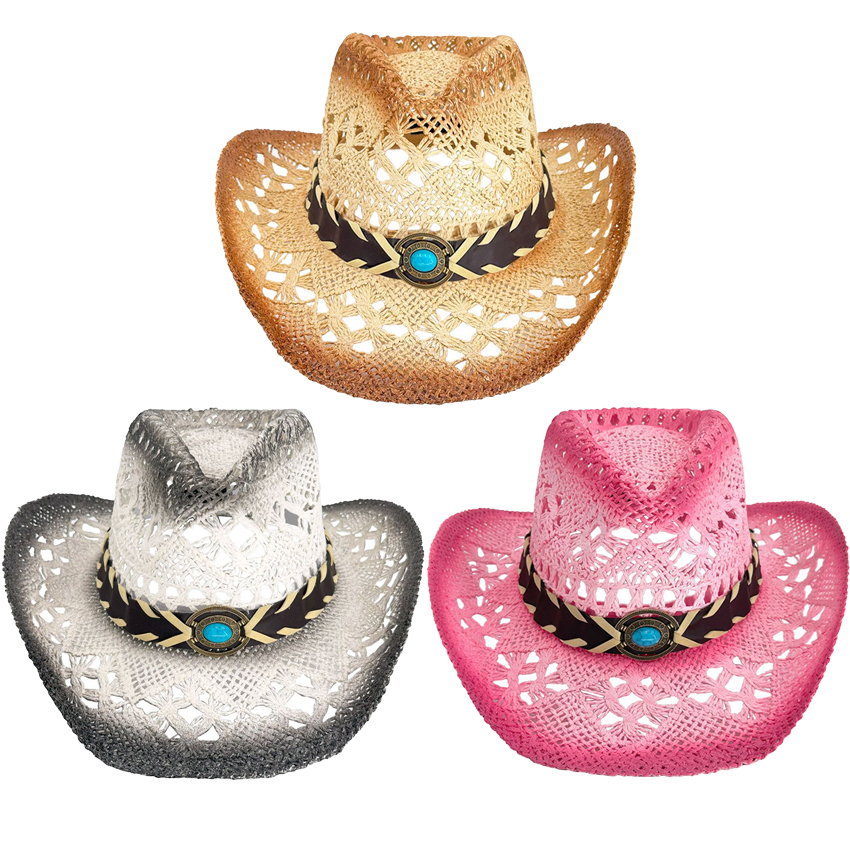 Mixed COWBOY HAT with Turquoise Beaded Laced Band - Breathable Beach Cowgirl HATs