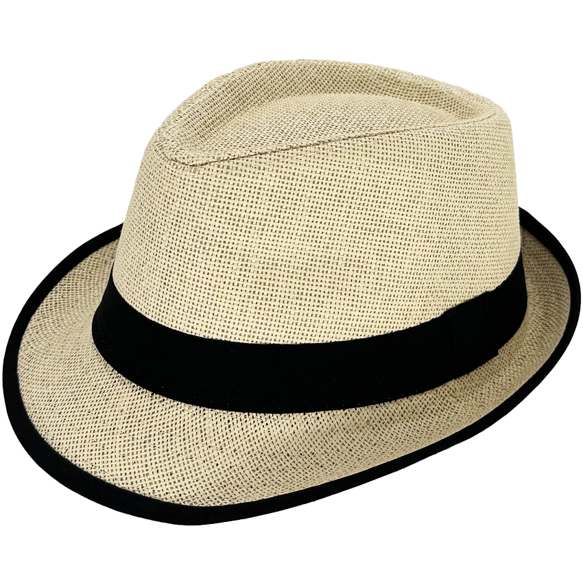 Brown Straw Trilby Fedora Hat with BLACK Strip Band