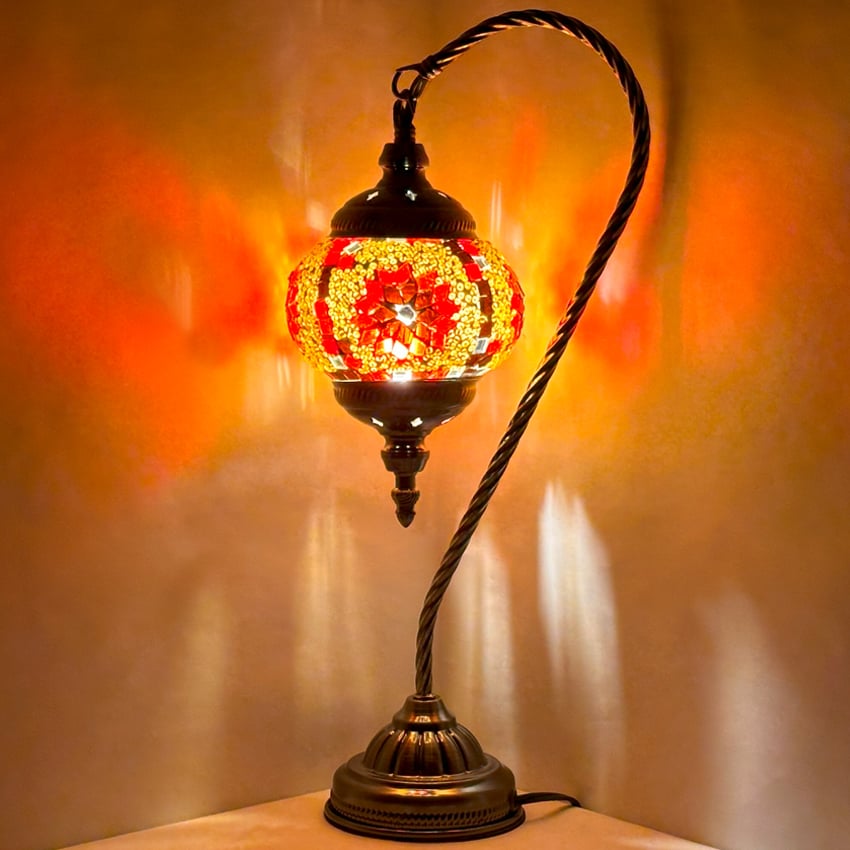 Hot Red Flower Handmade Mosaic Turkish Lamps with Swan Neck Design - Without BULB