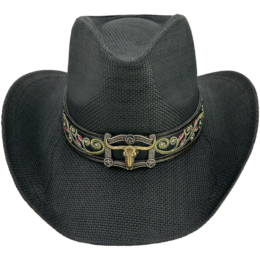 VINTAGE Black Cowboy Hat with High Quality Bull Buckle and Floral Emroidered Band