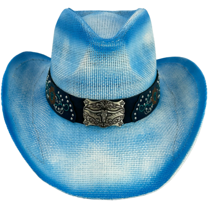 VINTAGE Blue Cowgirl Hats with High Quality Floral Embroidered Band and Bull Buckle - Cowboy Hats