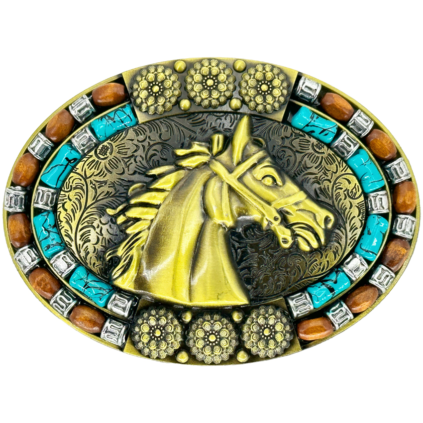 Horse Design Turquoise and Brown Beaded Western BELT BUCKLE