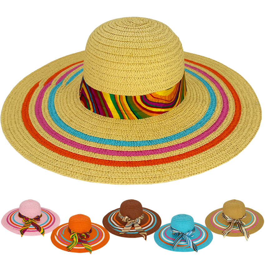 Wide Brimmed Summer HATS for Women - Rainbow Design Ribbon and Brim