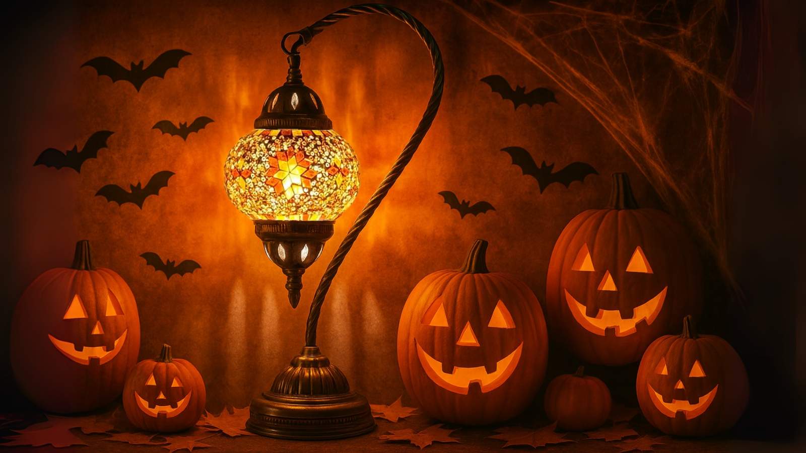 orange swan neck turkish lamp with halloween theme