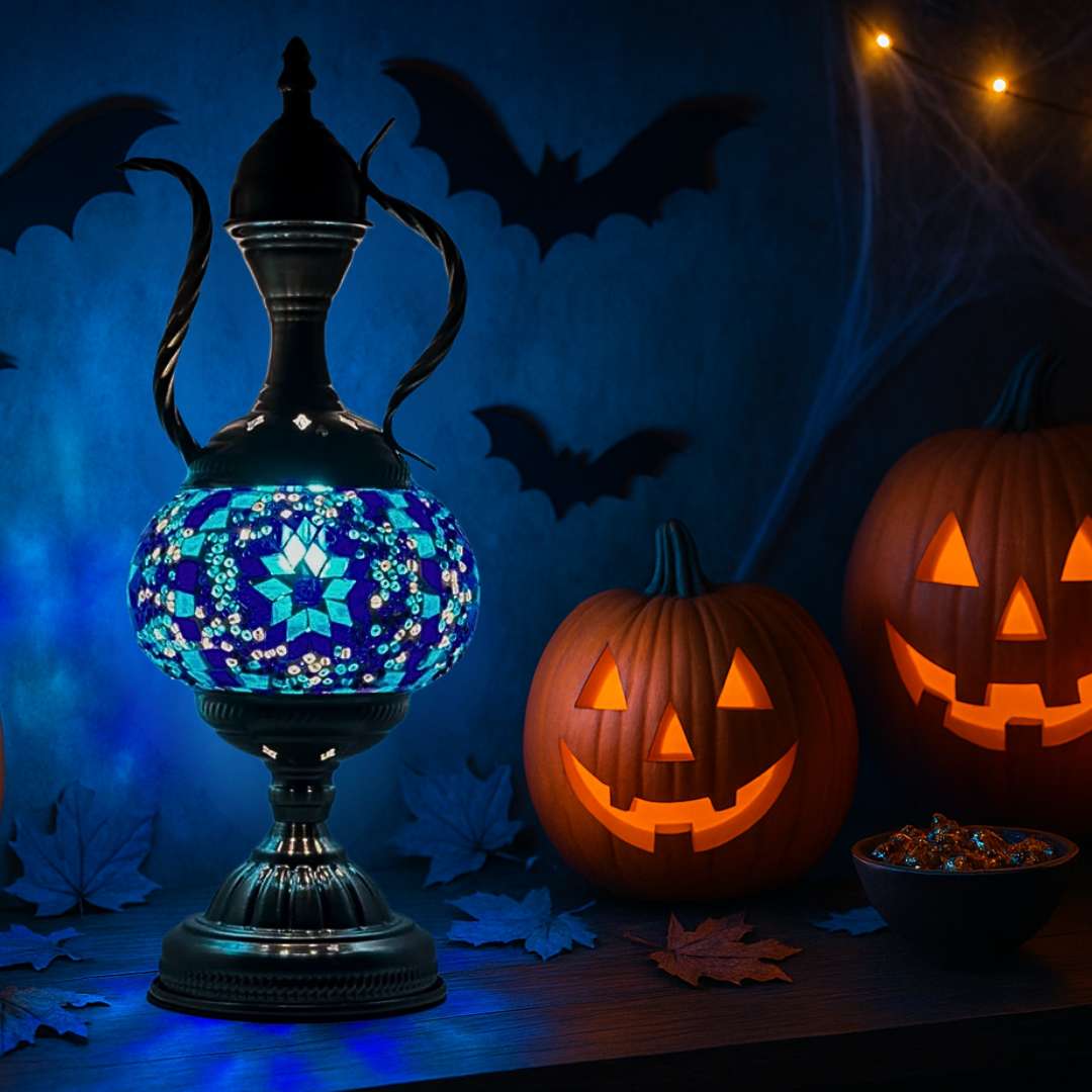 blue pitcher style turkish mosaic lamps with halloween theme