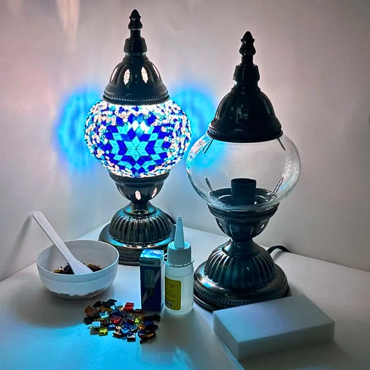 diy mosaic lamp with blue star design