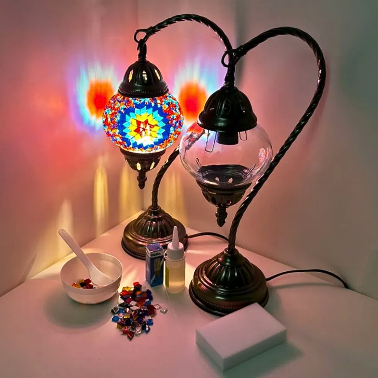 diy swan neck mosaic lamp with colored flower design