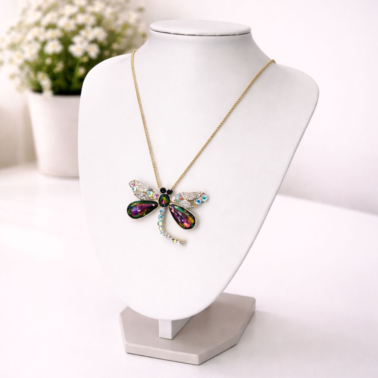 valentine dragonfly necklaces on display