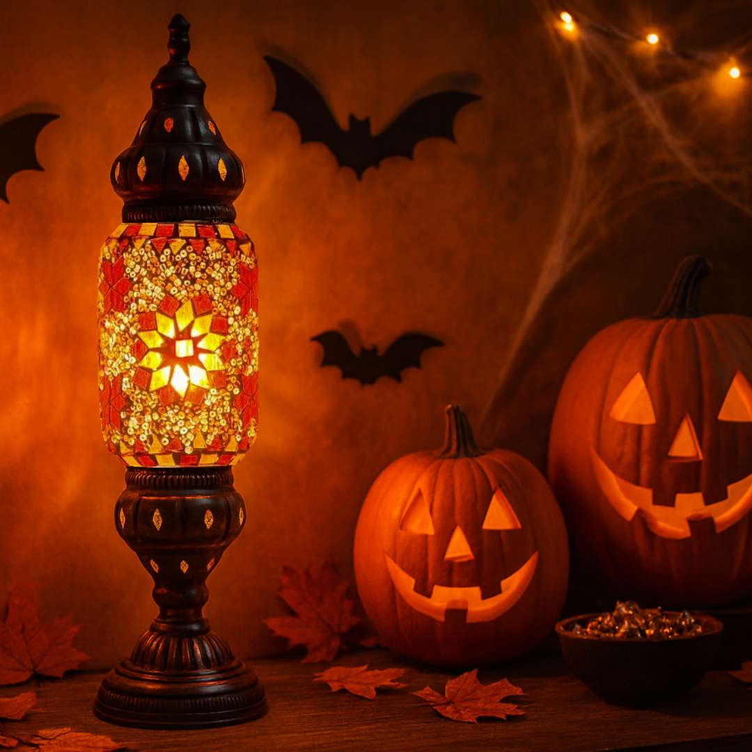 orange flower design mosaic lamp with halloween theme