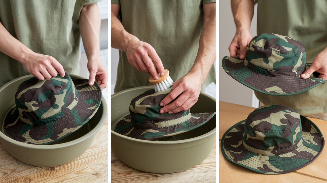 a man cleaning camo boonie hat a man cleaning camo boonie hat