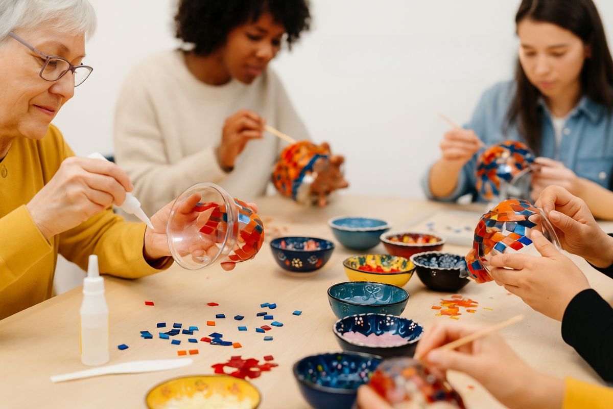 people creating mosaic lamps in the art shop people creating mosaic lamps in the art shop