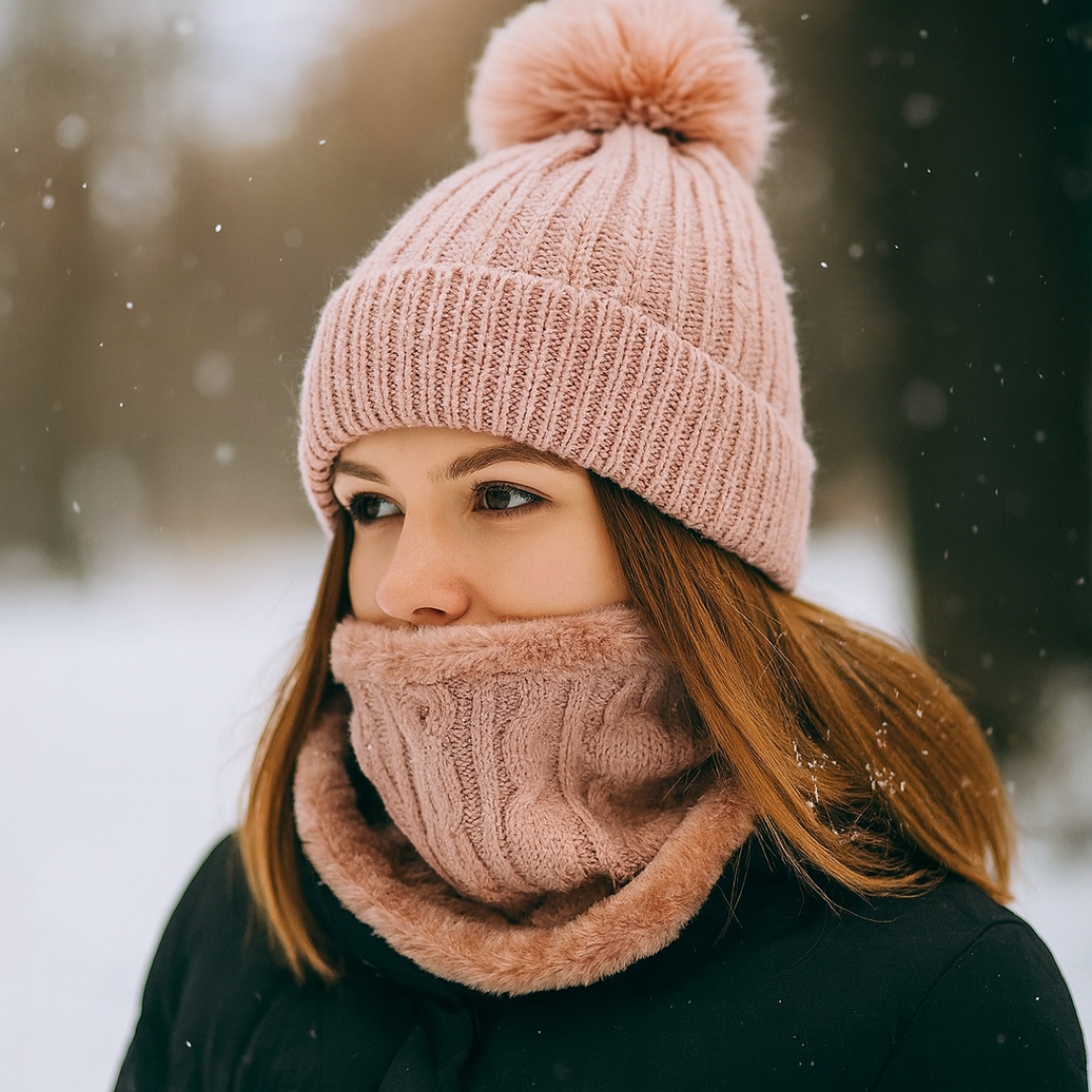 pom pom hats with female model pom pom hats with female model