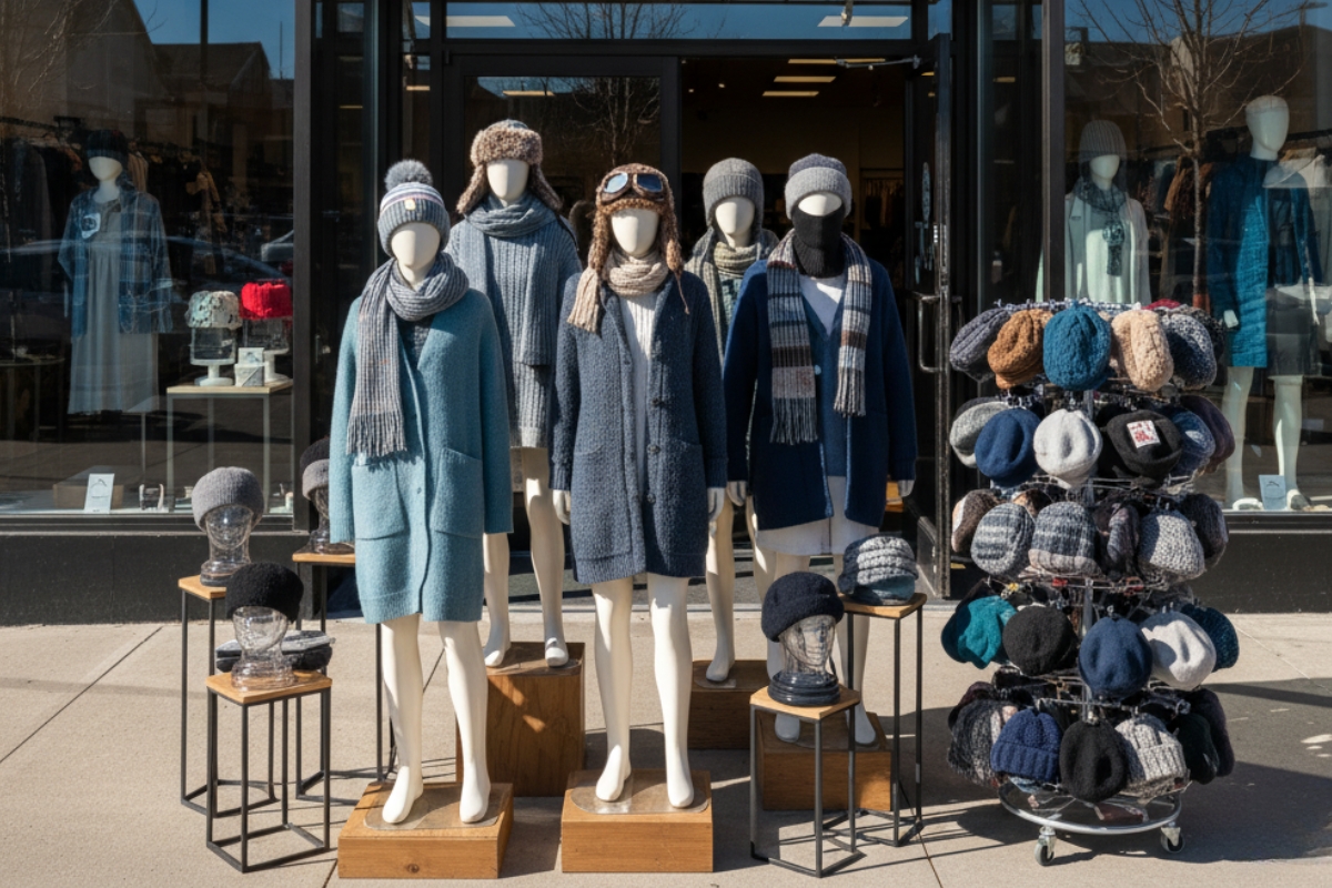 retail store frontside with winter hats and displays retail store frontside with winter hats and displays