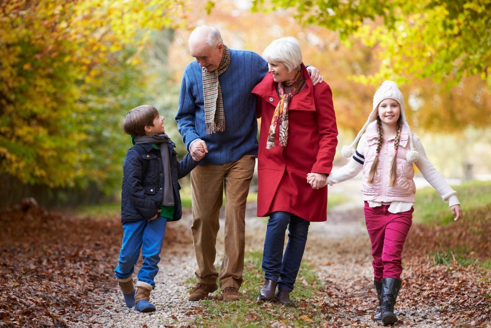 spending quality time with mother walking with mother and father