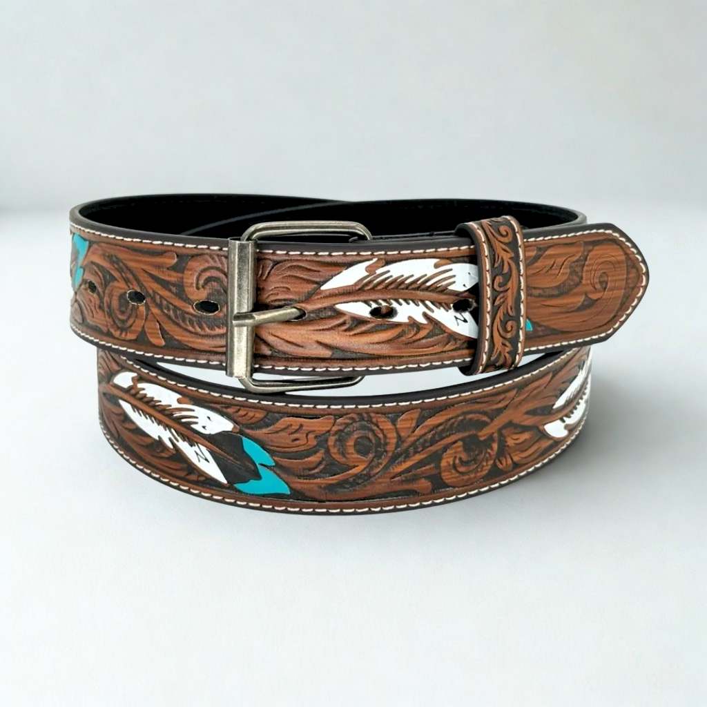 brown western belt with turquoise feather engravement brown western belt with turquoise feather engravement