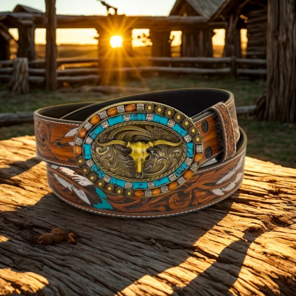 western belt with bull buckle on a wooden log western belt with bull buckle on a wooden log
