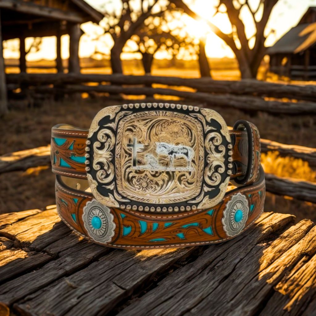 western belt with cowboy buckle on a wooden log western belt with cowboy buckle on a wooden log