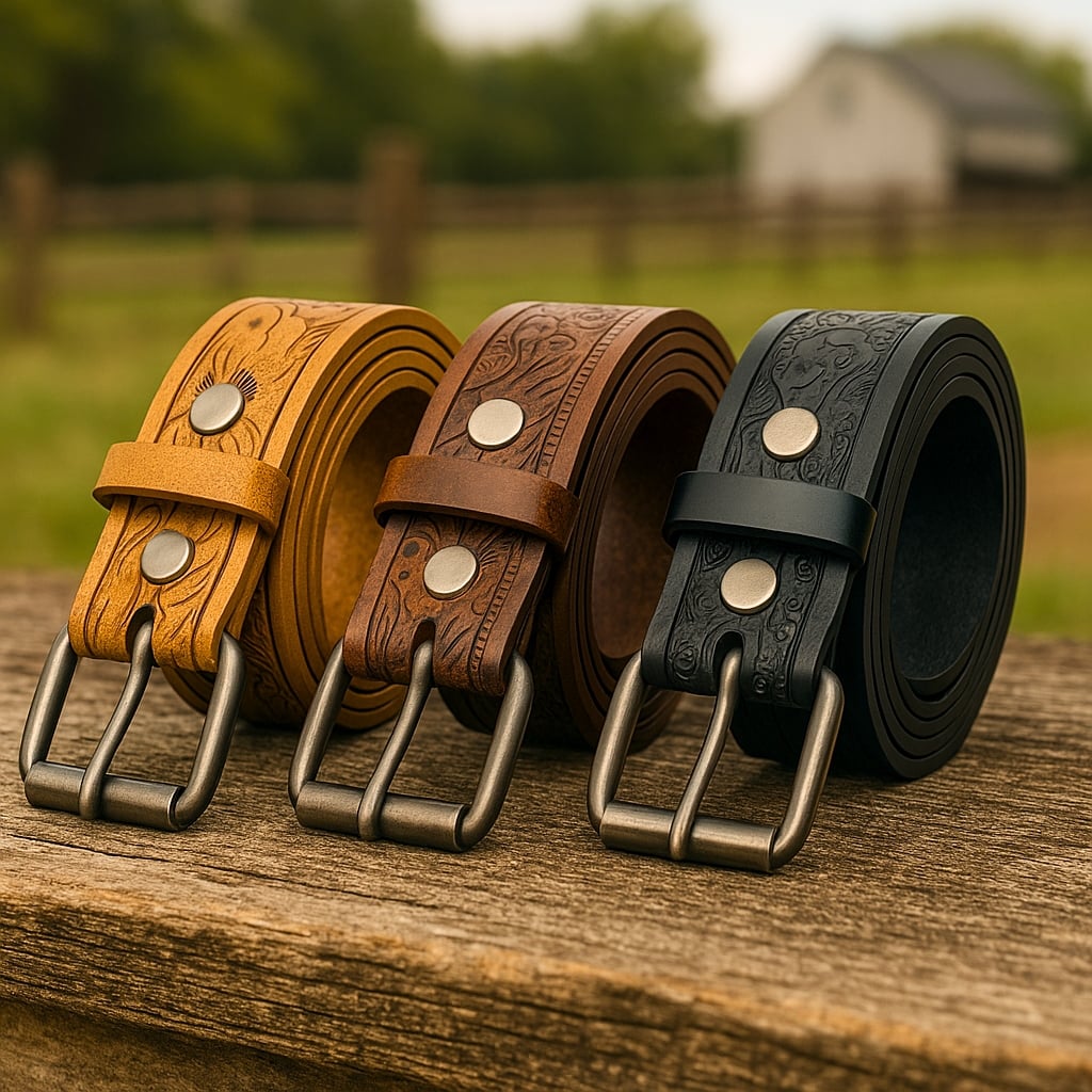 rolled western belts with engravements on a wood surface rolled western belts with engravements on a wood surface