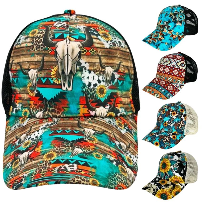 Western design printed trucker hats in bulk assortment Western design printed trucker hats in bulk assortment